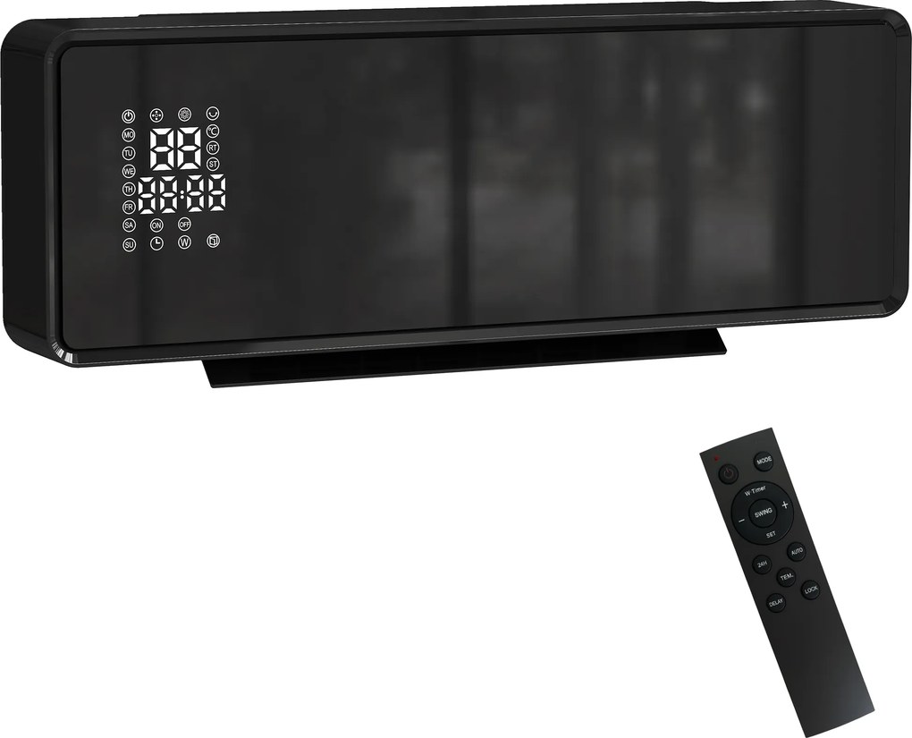 HOMCOM Ceramiczna grzałka ścienna 1000/2000W, ogrzewanie elektryczne, wentylator, termostat, timer, 54x18,7x12,3cm, czarny | Aosom PL