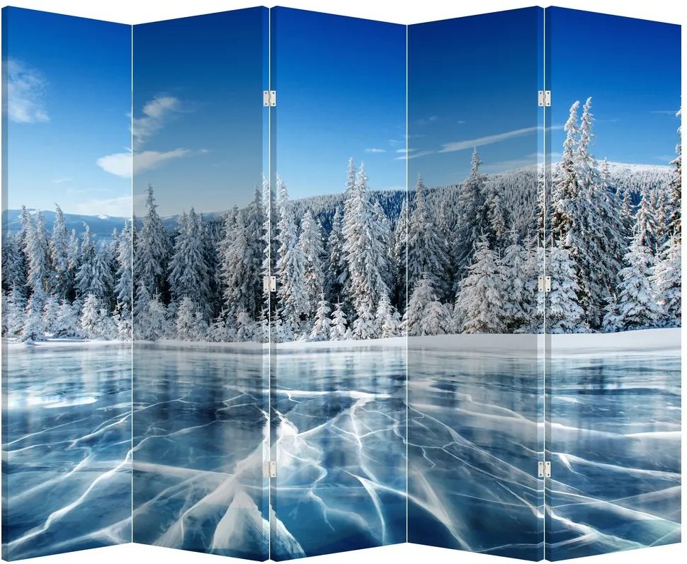 Parawan - Zamarznięte jezioro i pokryte śniegiem drzewa (210x170 cm)