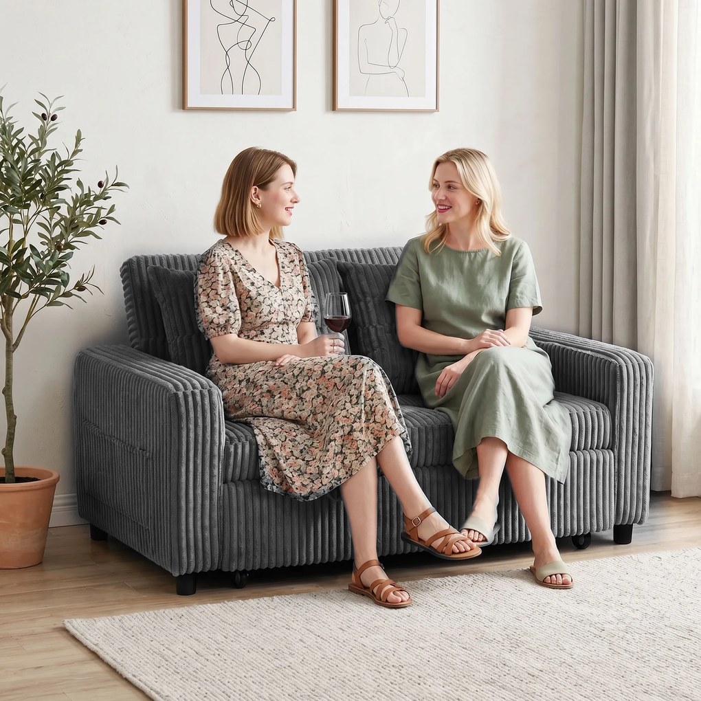 HOMCOM Sofa-łóżko 2-osobowa, pokrycie ze sztruksu, przekształcalna w sofę rozkładaną, 2 poduszki, kieszenie boczne, 157 x 190 cm, ciemnoszara | Aosom PL