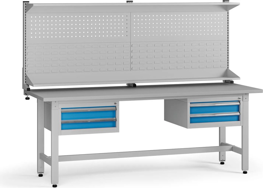 Stół warsztatowy z regulacją wysokości G5 z panelem, 2100 x 750 x 800-1000 mm, 2x kontener, 4x szuflada, niebieski