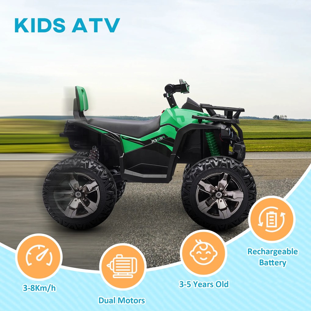 HOMCOM Quad elektryczny dla dzieci, z światłami i portem muzycznym, 3-8 km/h, dla 3-5 latków, Zielony