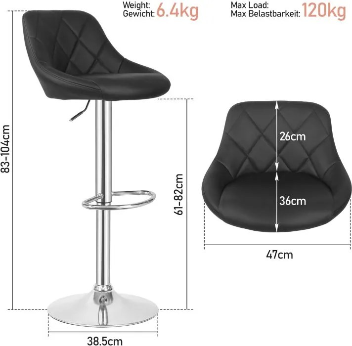 MIADOMODO Krzesło barowe 2szt, bez podłokietnika, czarne