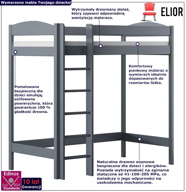 Szare łóżko dla dziecka z drewna z drabinką G3-K09