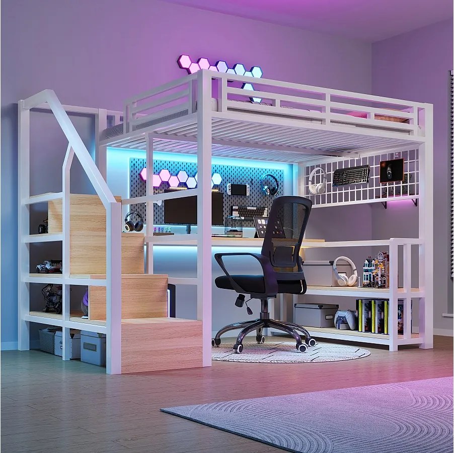 Łóżko piętrowe dla dzieci - 140 x 200 cm - rama żeliwna - z półką + diody LED + biurko + drabinka + port USB - metalowe - białe