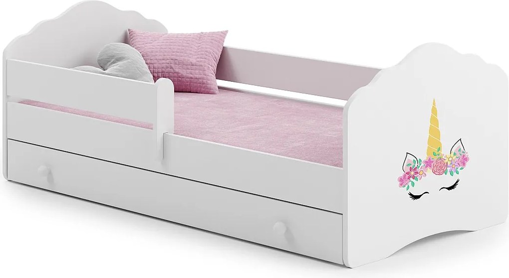 Łóżko dziecięce FALA 160x80 cm białe z szufladą, materacem, barierką zabezpieczającą i stelażem