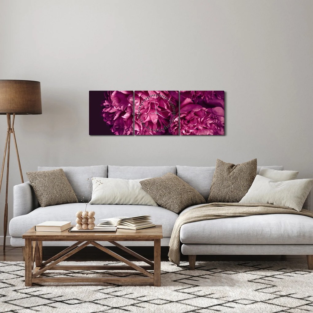 Obraz - Kwiaty piwonii (z zegarem) (90x30 cm)