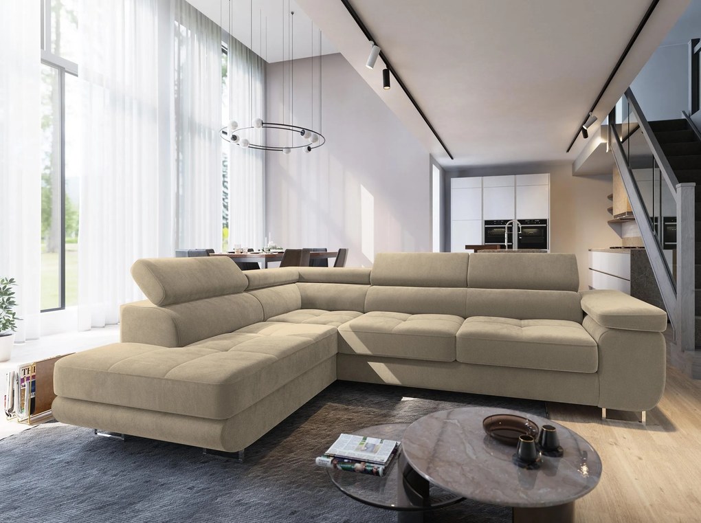 Masseno Narożnik SELVA z Funkcją Spania i Pojemnikiem na Pościel Narożnik L, Rozkładana sofa - Kremowy, MONOLITH 04