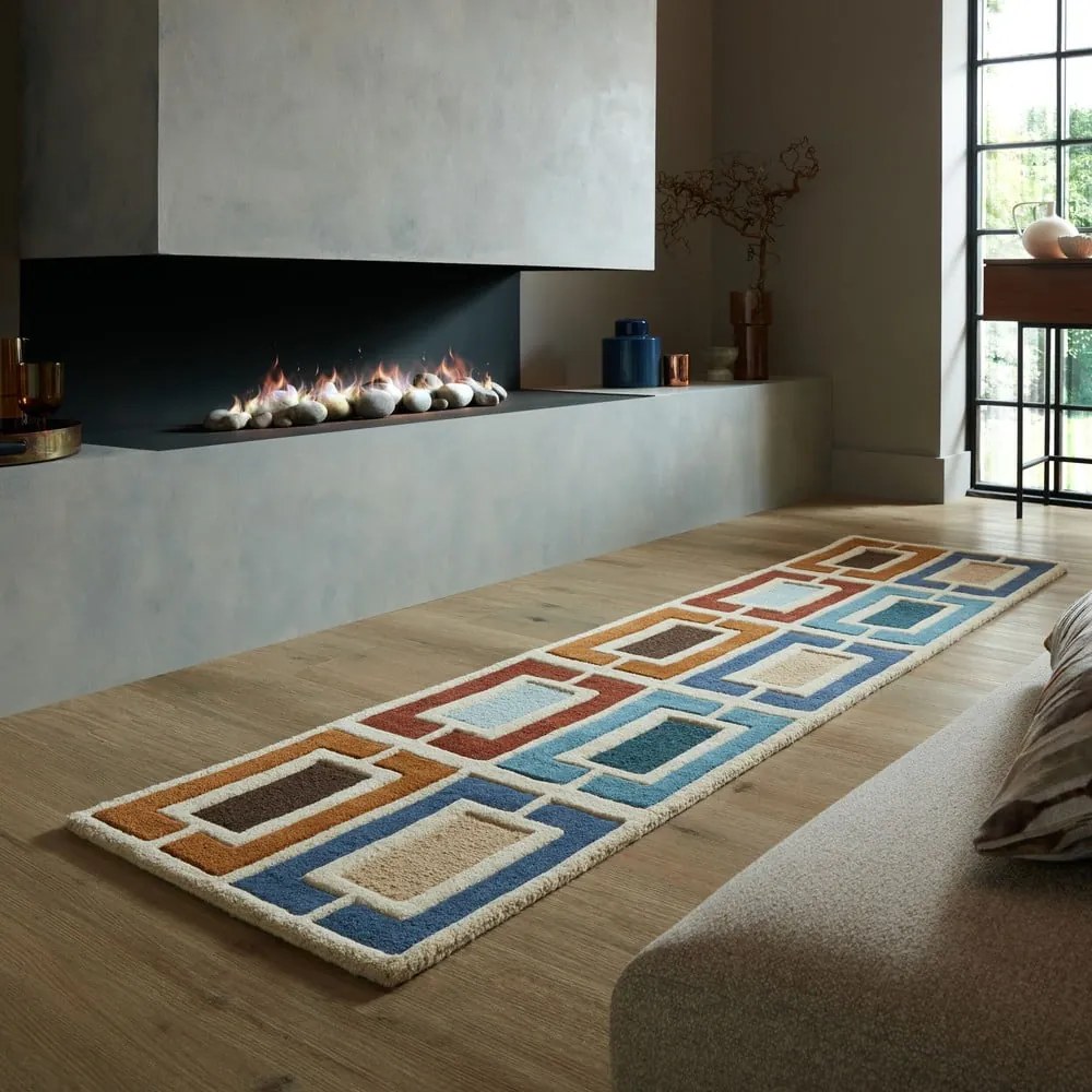 Niebiesko-pomarańczowy wełniany chodnik tkany ręcznie 60x230 cm Retro Blocks – Flair Rugs