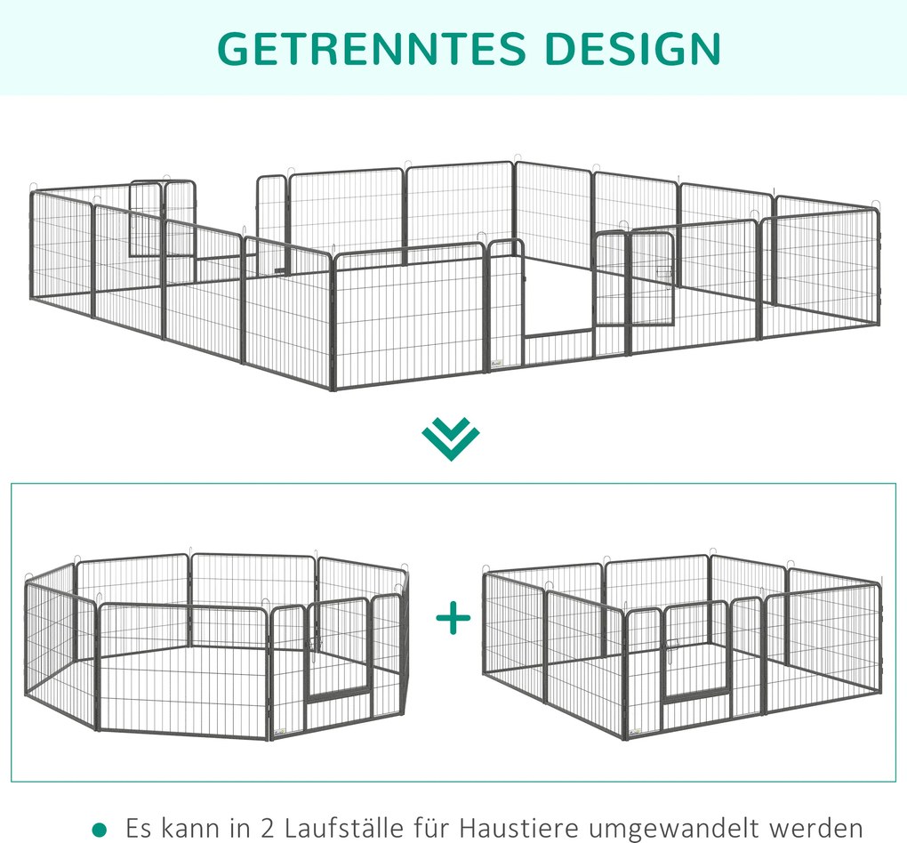 PawHut kojec dla psa, płot dla szczeniąt, dla psa na zewnątrz, krata z 2 drzwiami stalowo-szarymi, 16 segmentów 60 cm wysokości