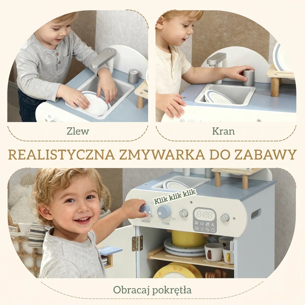 AIYAPLAY Zestaw kuchni ze zlewem, 32 elementy akcesoriów, MDF, dla dzieci od 3 lat, jasnoniebieska
