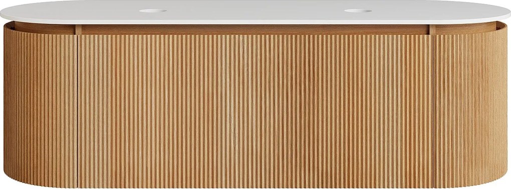 Wisząca szafka podumywalkowa z prążkowanego drewna jesionowego z blatem z matowego spieku kwarcowego – Jasny naturalny - szer. 150 cm - LILIKO