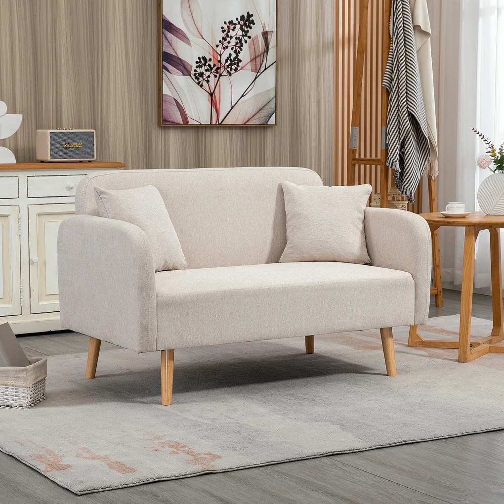 HOMCOM 2-osobowa Sofa, Design Nowoczesny, w zestawie 2 poduszki, nogi drewniane, 130 x 70 x 80 cm, Kremowy