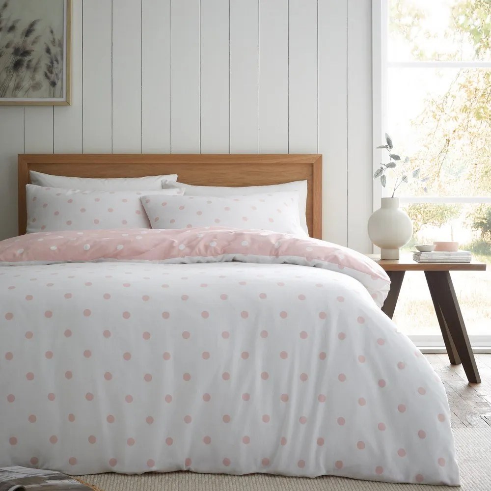 Biało-różowa flanelowa pościel dwuosobowa 200x200 cm Polka Dot – Catherine Lansfield