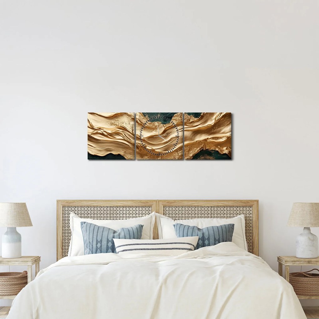 Obraz - Zielona abstrakcja ze złotem II. (z zegarem) (90x30 cm)
