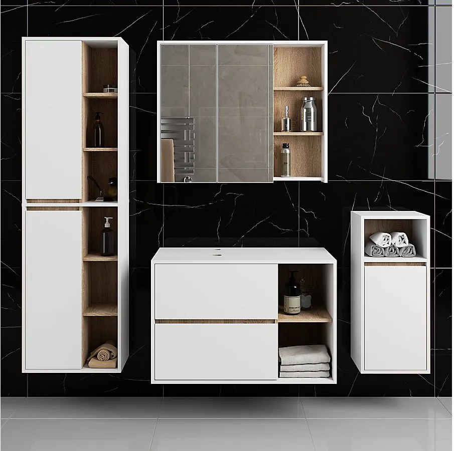 Zestaw mebli łazienkowych wiszących z otworami AKORD VAMI Biały, Dąb Sonoma 5 drzwi 21 półek 2 szuflady