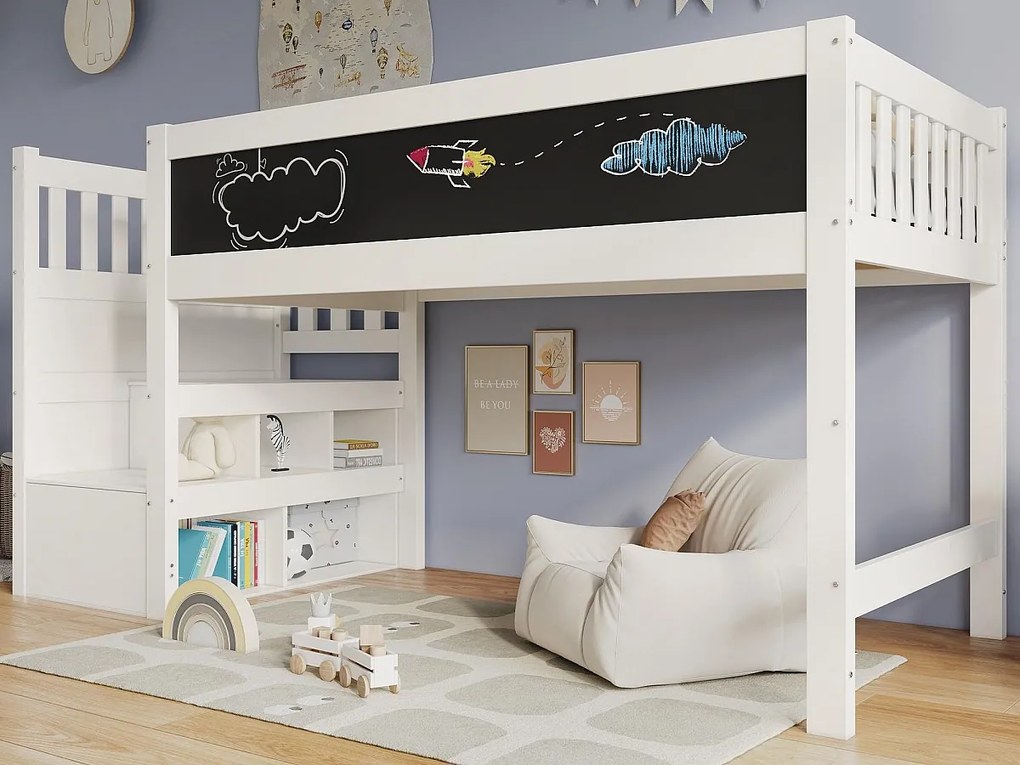 Łóżko mezzanine z litego drewna sosnowego - 90x200cm - z tablicą czarną - Białe