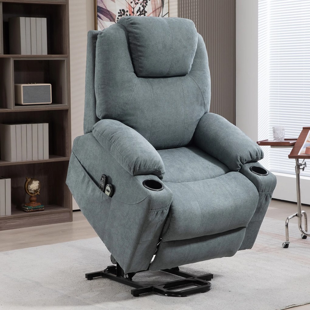 HOMCOM Fotel Masujący z Funkcją Pomocy przy Wstawaniu dla Seniorów, 8 Punktów Masażu, Boczne Kieszenie, Pilot, 90D x 101S x 107W cm, Szary