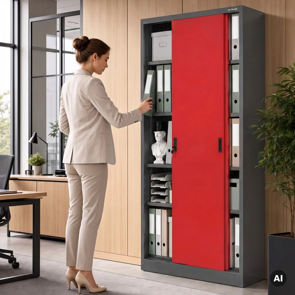 Szafa metalowa biurowa z drzwiami przesuwnymi antracytowo-czerwona, 900x1850x400 mm: KUBA