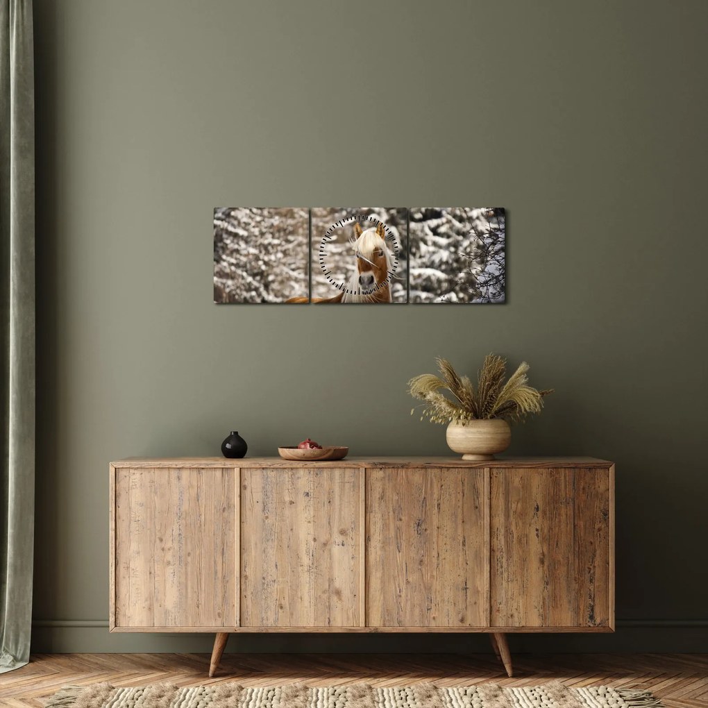 Obraz - Koń w zimowym krajobrazie (z zegarem) (90x30 cm)