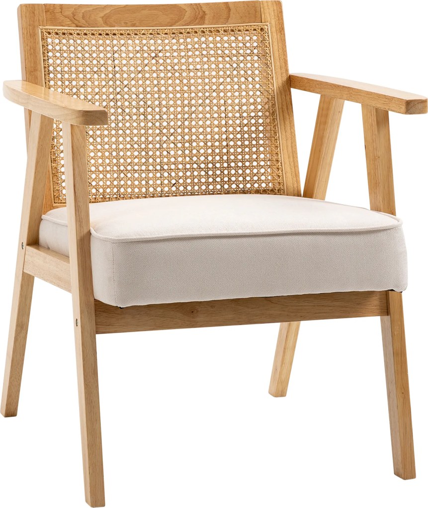 HOMCOM Fotel tapicerowany kremowy drewno kauczukowe poduszka len wygodny fotel do salonu sypialni 63x69x78 cm | Aosom PL
