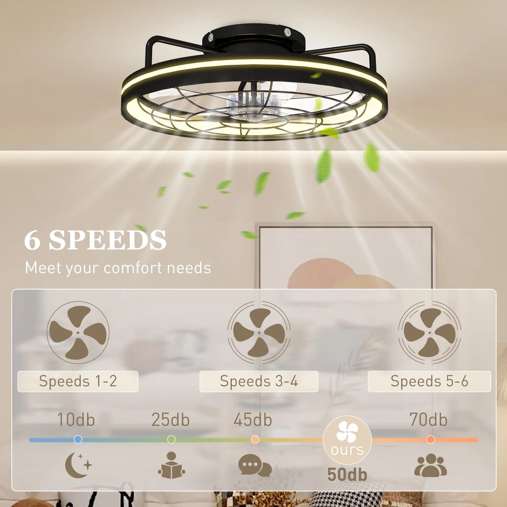 HOMCOM Wentylator sufitowy z lampą i pilotem, 48 cm LED, 3 temperatury światła, 6 prędkości, timer, czarny | Aosom PL