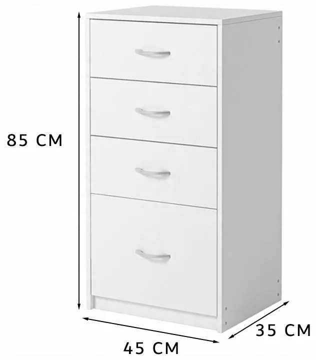 Nowoczesna półka z 4 szufladami w stylu loftowym, biała komoda, duża szafka biurowa 85 cm
