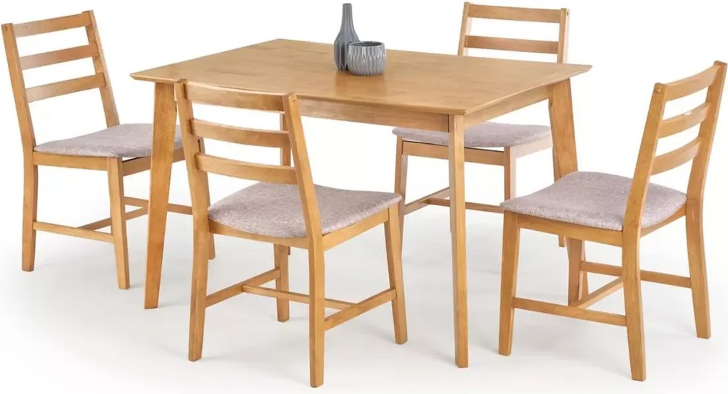 Zestaw mebli stołowych Saul – elegancki stół w kolorze jasnego dębu + 4 ergonomiczne krzesła tapicerowane w odcieniu beżowym