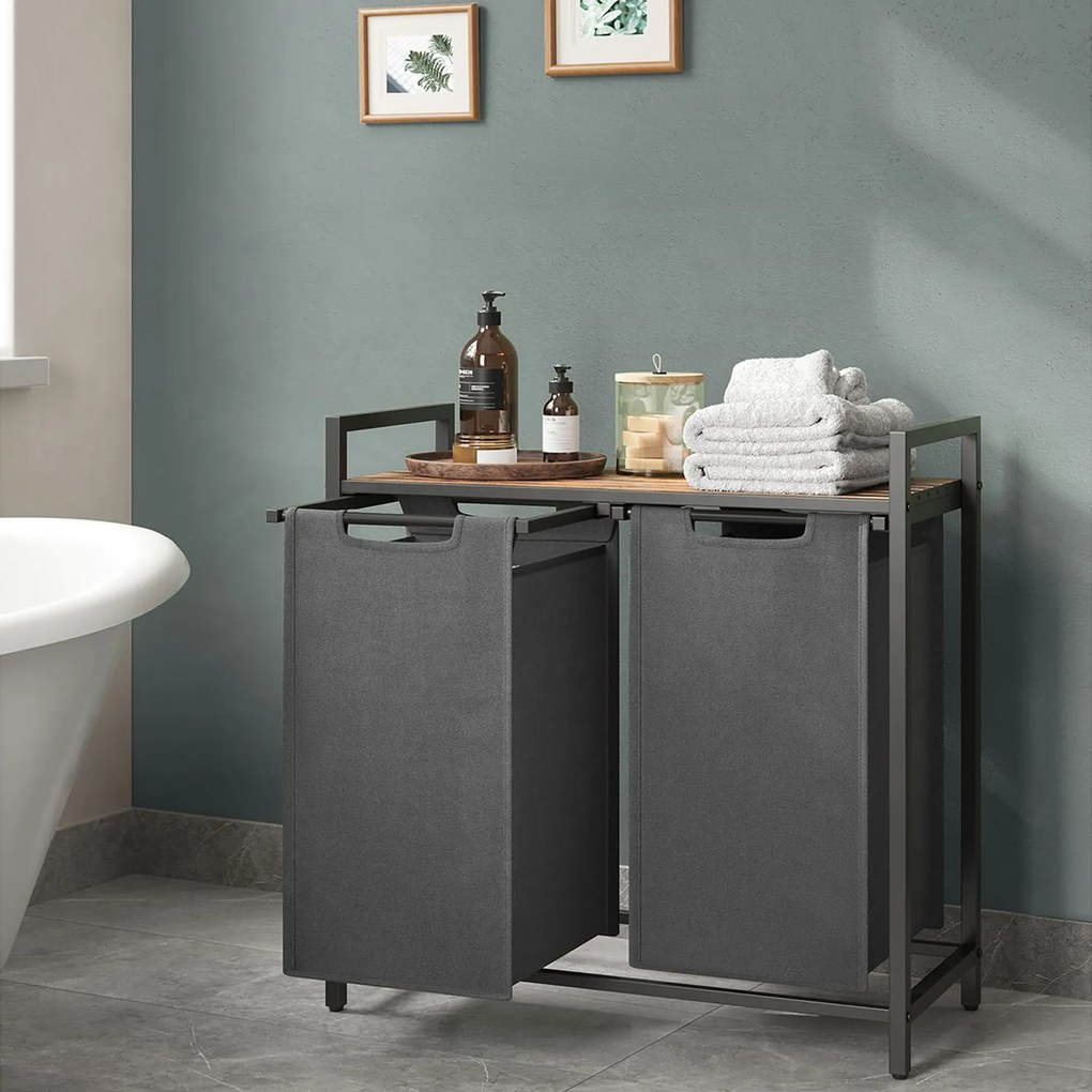 Kosz na Pranie Dwukomorowy Szary, Szafka - BLH201G01