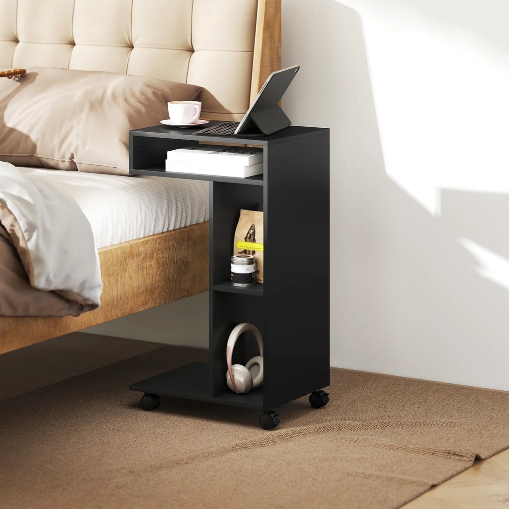 HOMCOM Stolik boczny, wózek serwisowy w kształcie C, 4 kółka, 3 przegródki, 40 x 30 x 69 cm, czarny