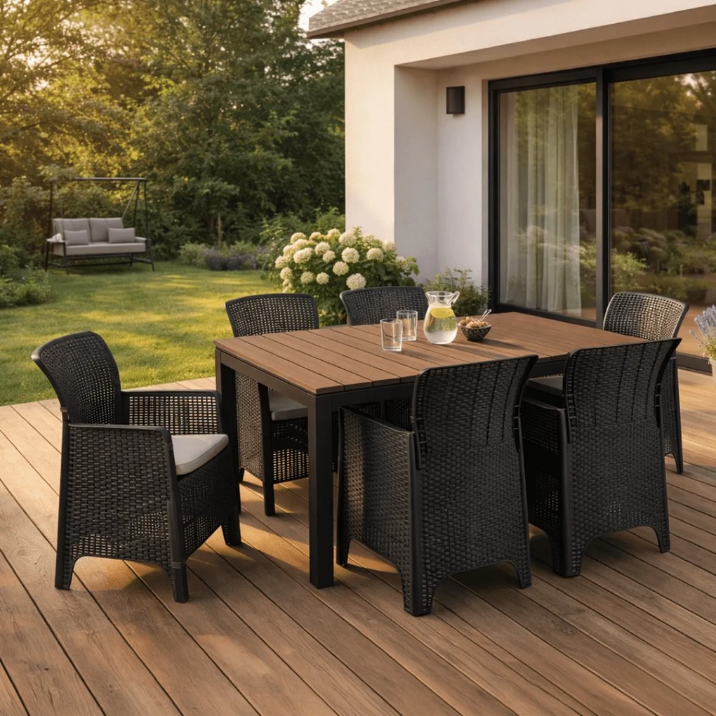 Zestaw Mebli Ogrodowych Stół ARGOS 140-180 cm Orzech/Czarny i 6x Fotel FRESNO Czarny Technorattan Nowoczesny