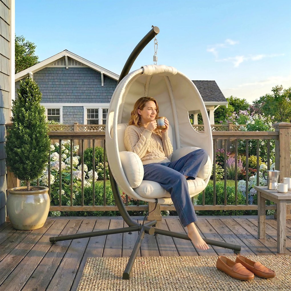 Outsunny Wiszący Fotel z Ramą, Składany Kosz z Grubymi Poduszkami, Regulowana Wysokość, Pas Bezpieczeństwa, do 120 kg | Aosom PL