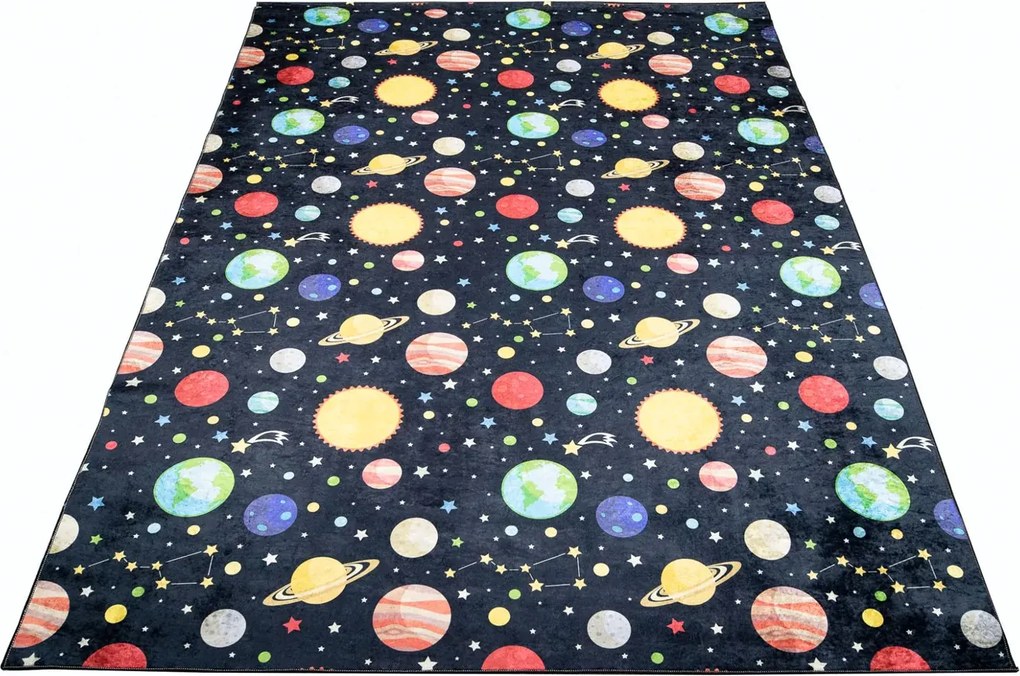 Czarno-kolorowy dywan dziecięcy z planetami i gwiazdami G3-T87