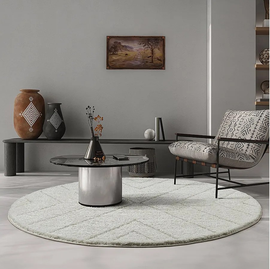 Dywan Bahar Shaggy wzór trójkątów, kremowy, 120 cm okrągły