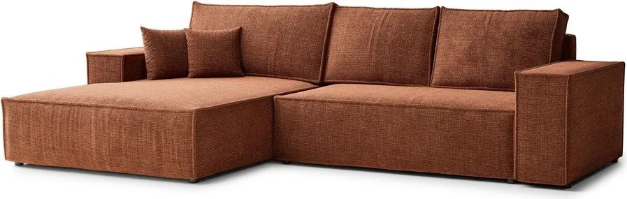 Rozkładany narożnik ze schowkiem z tkaniny szenilowej (lewostronny/z szezlongiem) w kolorze miedzi Maze – Maison de Rêve
