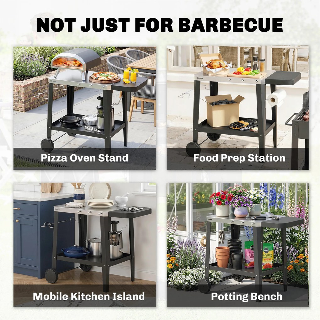 Outsunny Wózek kuchenny na kółkach, serwujący wózek z haczykami, uchwyt na ręczniki, stojak na worki na śmieci, stal nierdzewna, 115 x 67,5 x 80,5 cm, czarny | Aosom PL