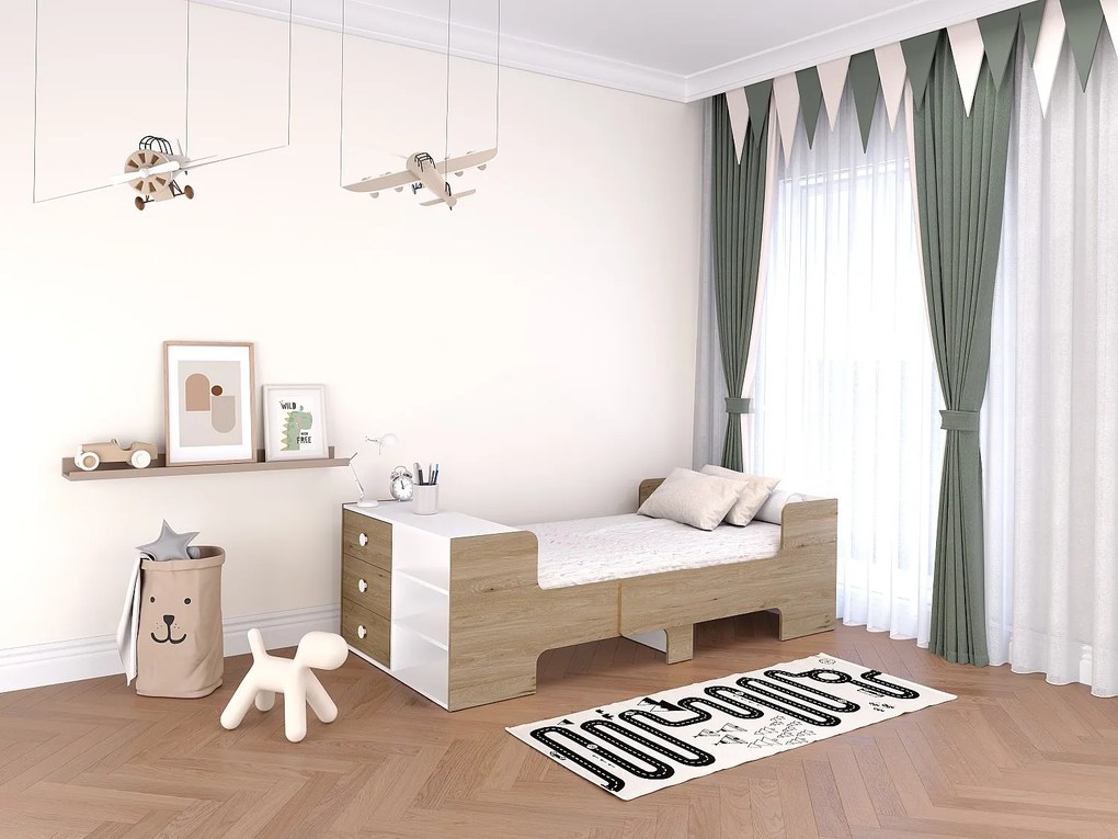 Łóżko rozsuwane 90 x 140/170/200 cm  ze skrzynią i - Naturalny i biały - GAROLIO