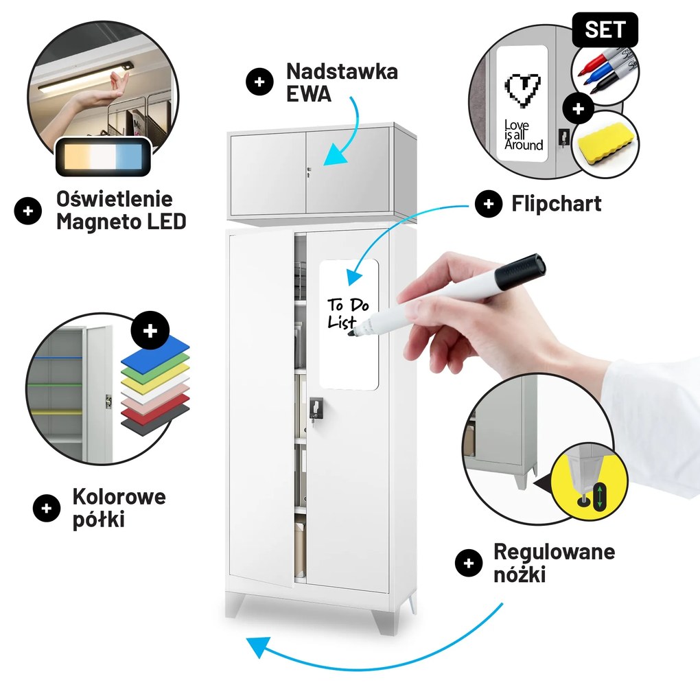 Szafa biurowa na dokumenty szara: JAN, 900 x 1850 x 400 mm