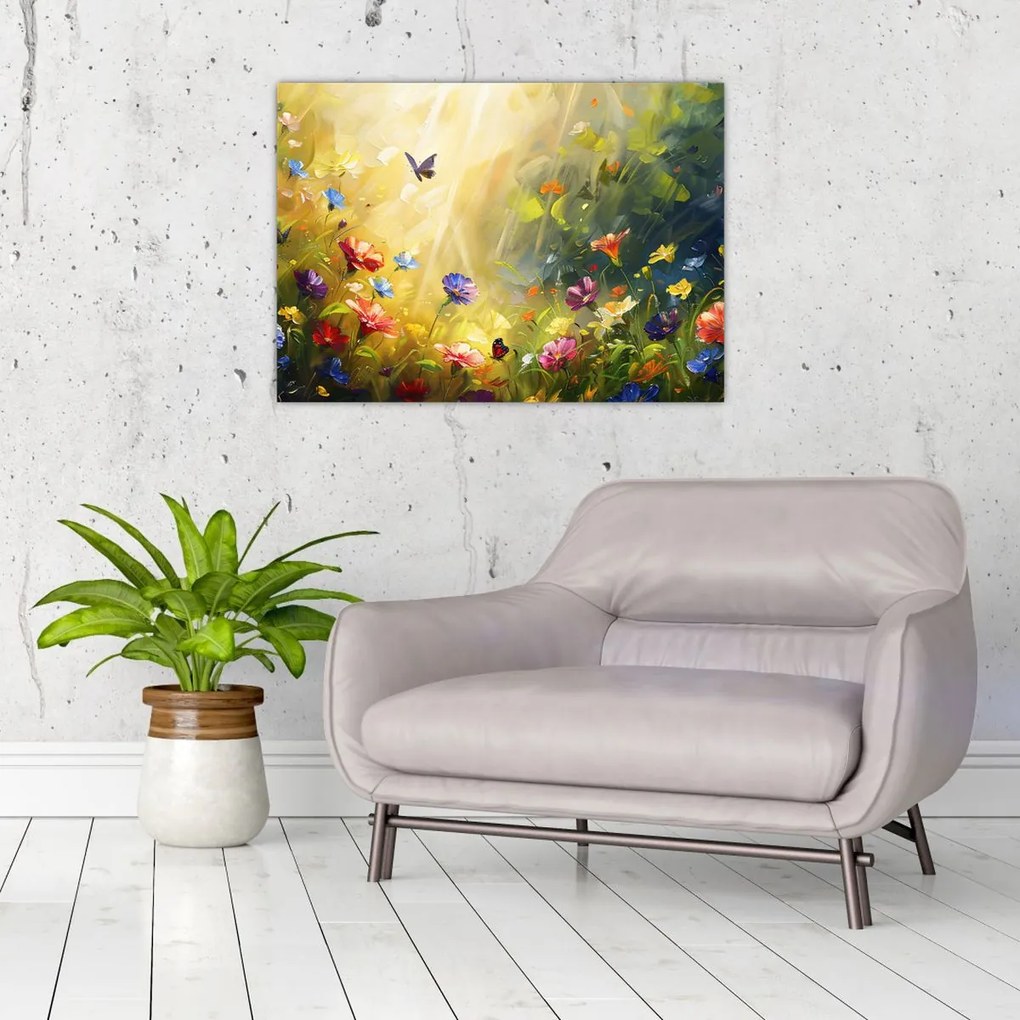 Obraz na szkle - Wiosenna łąka kwiatowa, malarstwo (70x50 cm)