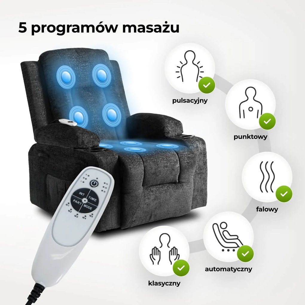 Fotel Masujący BOX Rozkładany Wypoczynkowy z Podnóżkiem Czarny Welurowy Nowoczesny