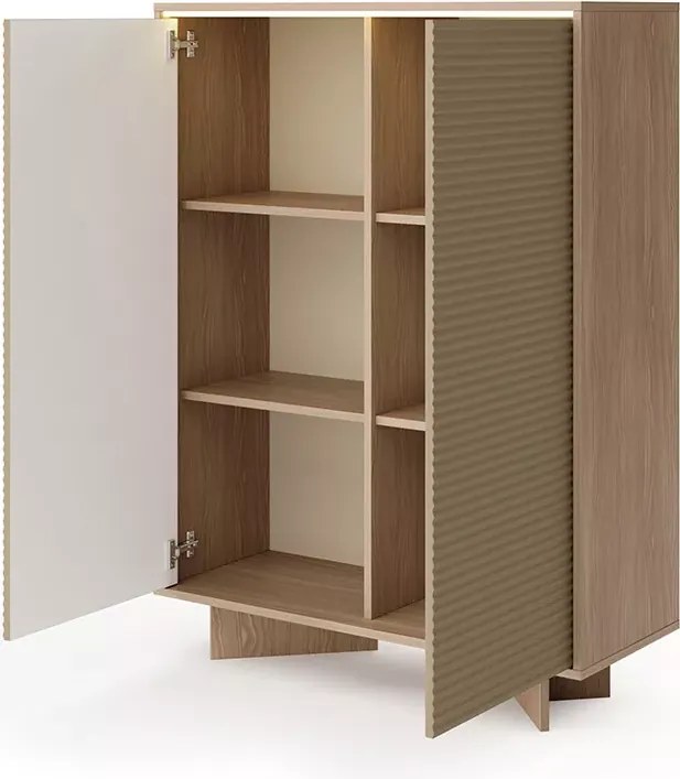 Komoda wysoka Parsja 2D LED – ryflowane fronty, bolivar naturalny / cappuccino, push-to-open
