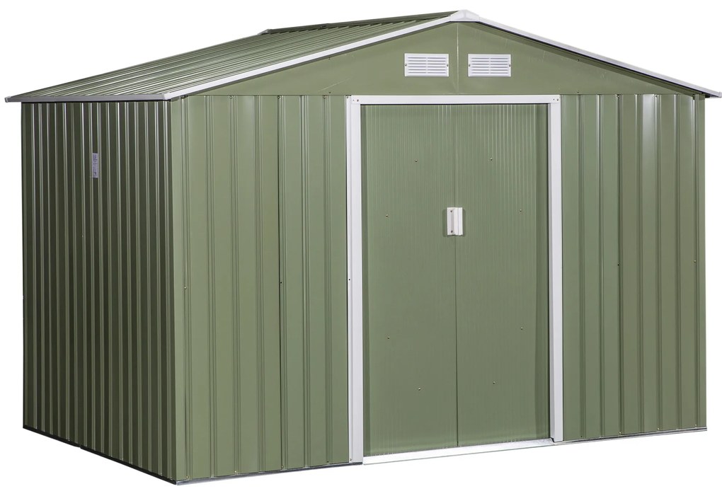 Outsunny Metalowy domek narzędziowy do ogrodu z drzwiami przesuwnymi 277x195x192 cm zielony | Aosom PL