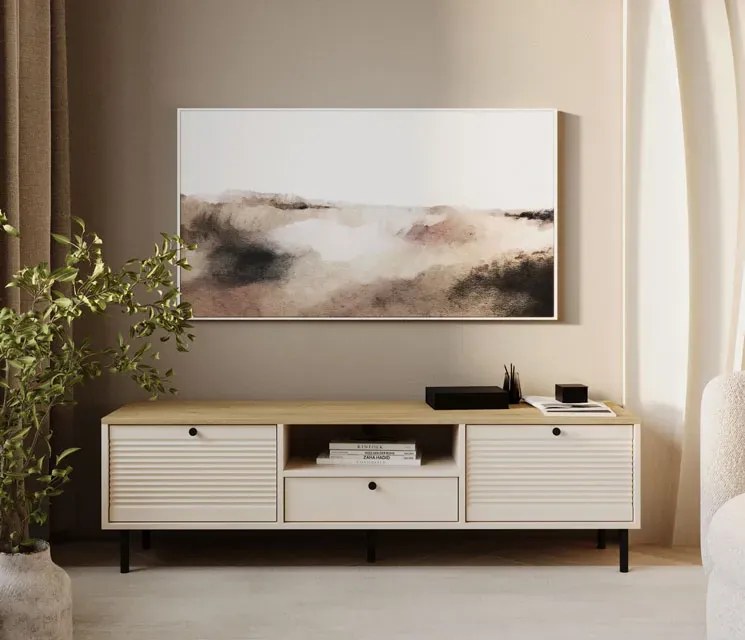 Ryflowana szafka RTV na nóżkach kaszmir + dąb artisan R2-B19