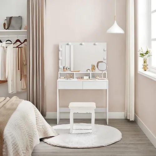 SongmicsHome Toaletka VANESA z dużym lustrem i oświetleniem, 80x40x140 cm, biała