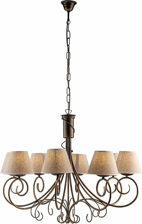 Żyrandol Wiedeń z brązowego lakierowanego żelaza, dekor stare złoto, abażury PVC z efektem juty Ø13", elegancki styl klasyczny, 8 świateł