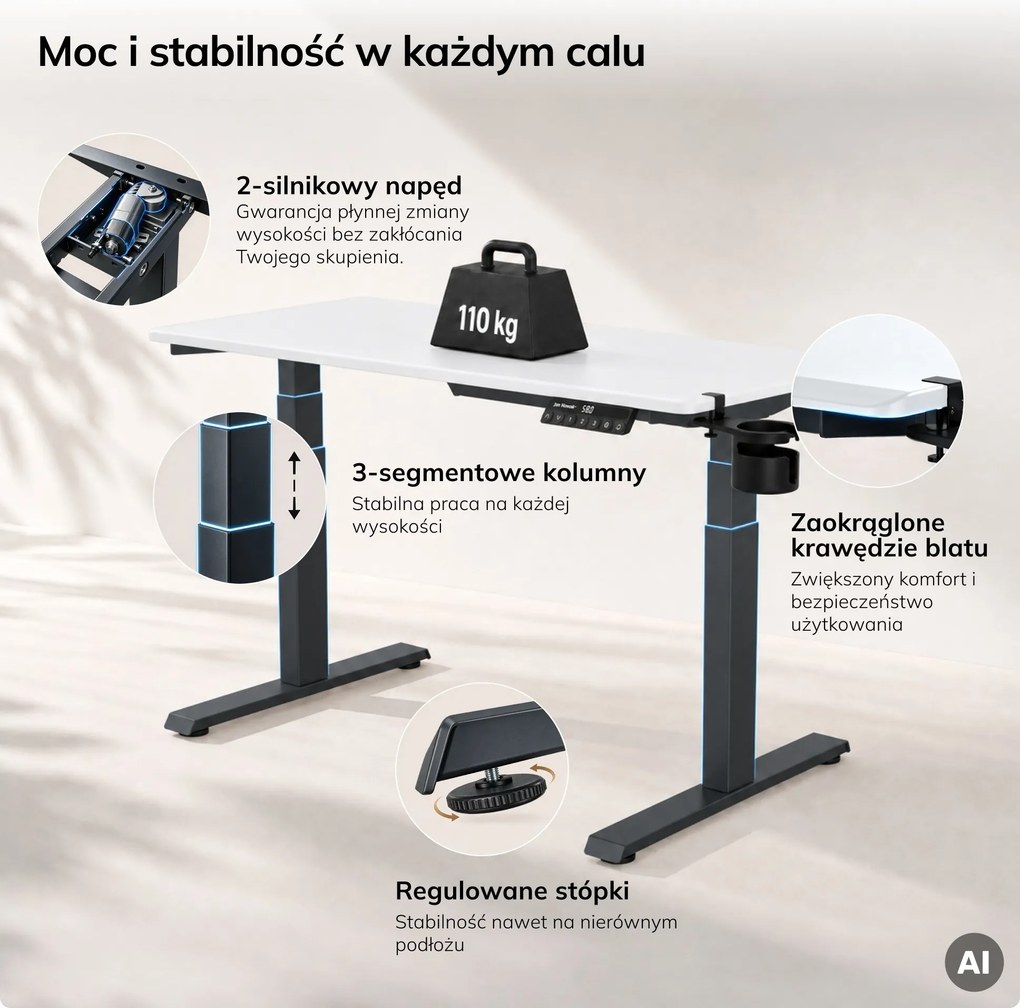 Biurko elektryczne z regulacją wysokości ergonomiczne antracytowo-białe, 1200x600 mm: ARIA