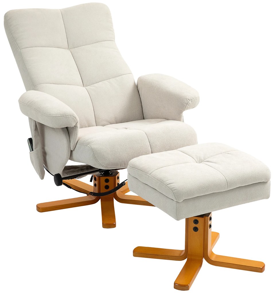 HOMCOM Fotel masujący z funkcją leżenia i podnóżkiem, nachylenie do 145°, Poliester, 80 x 86 x 99 cm, Kremowy