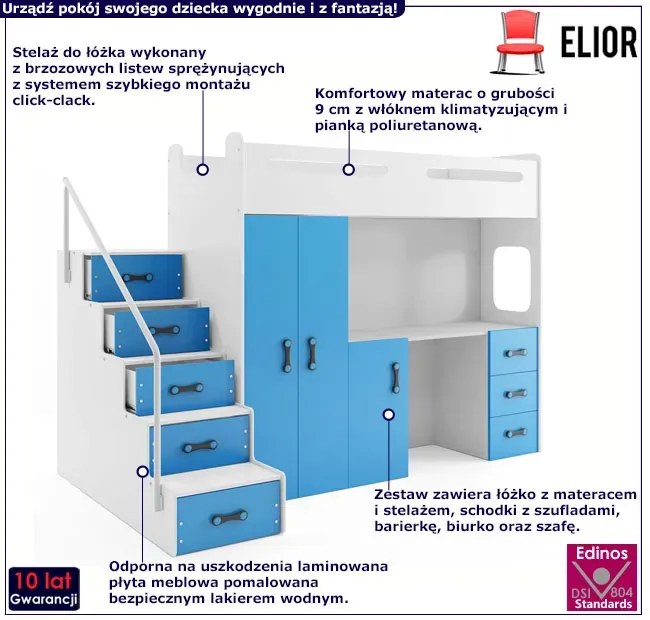 Biało-niebieskie piętrowe łóżko dla dzieci 3w1 Fallon 6X