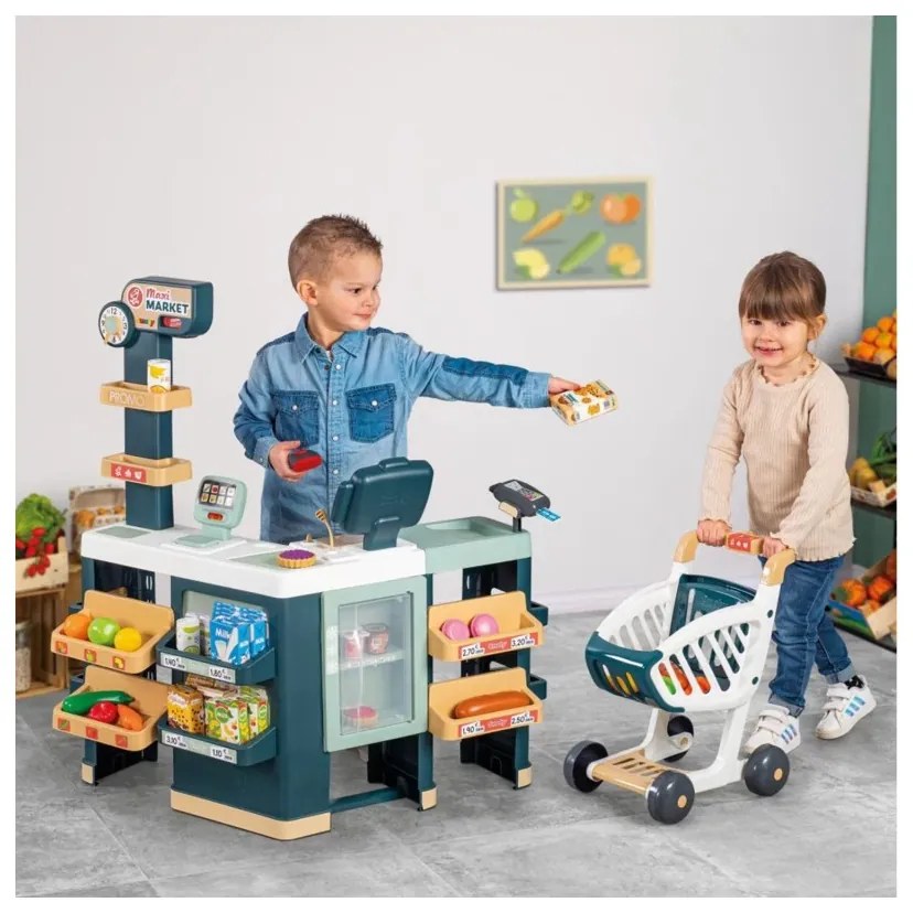 Smoby maximarket wózek elektroniczną kasą ze skanerem waga i lodówka