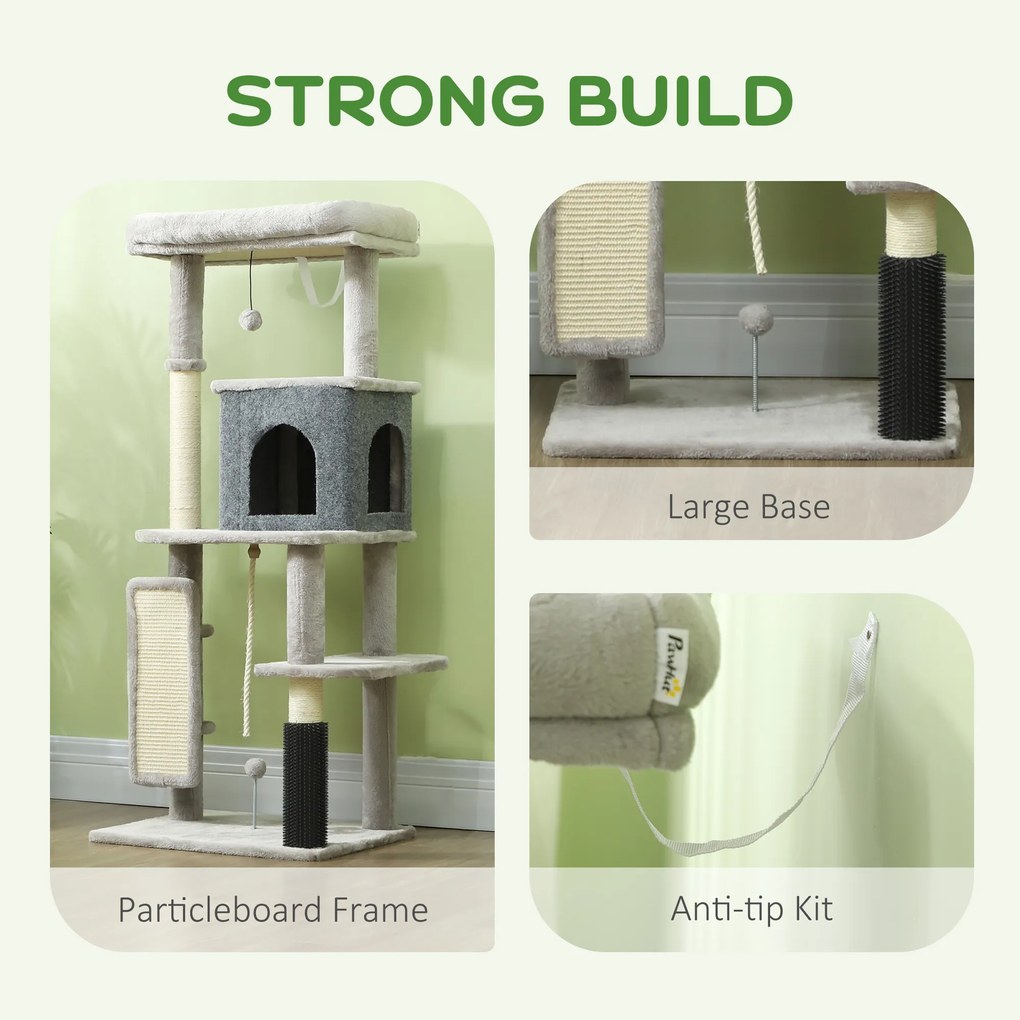 PawHut 132 cm Drapak dla Kotów z Słupkami do Drapania, Łóżkiem, Domkiem, Platformami do Skakania, Szczotką do Pielęgnacji, Jasnoszary