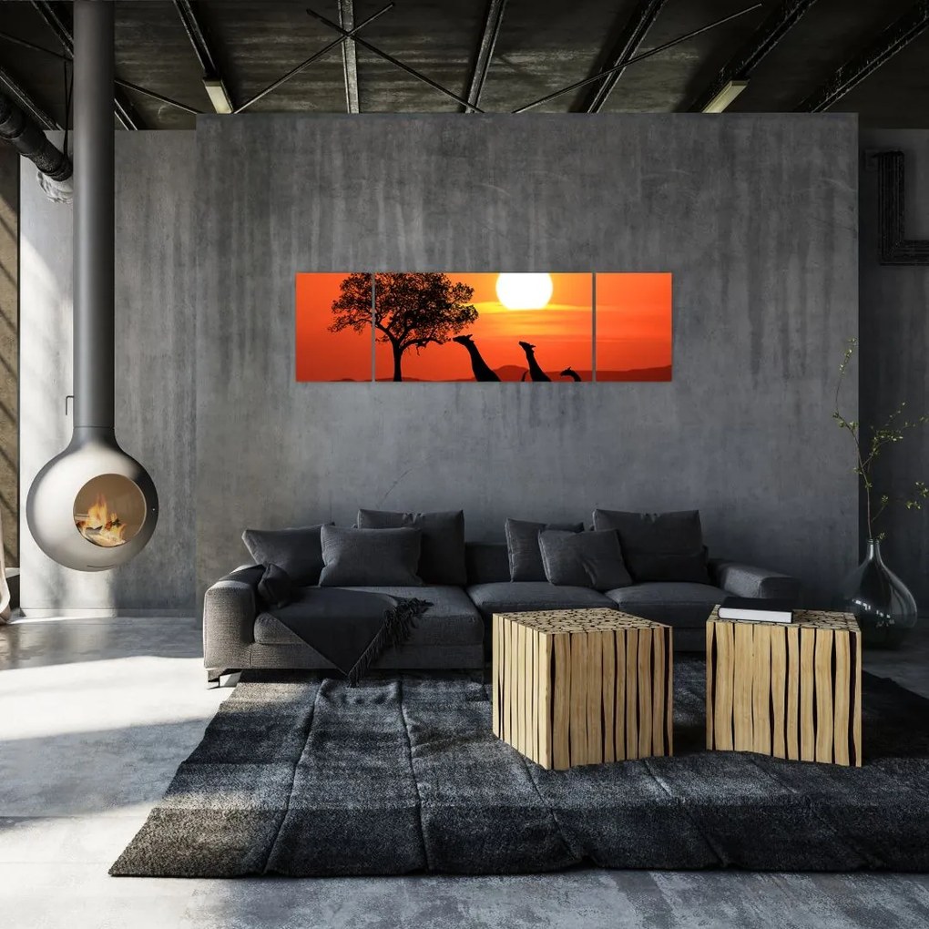 Obraz żyraf o zachodzie słońca (170x50 cm)